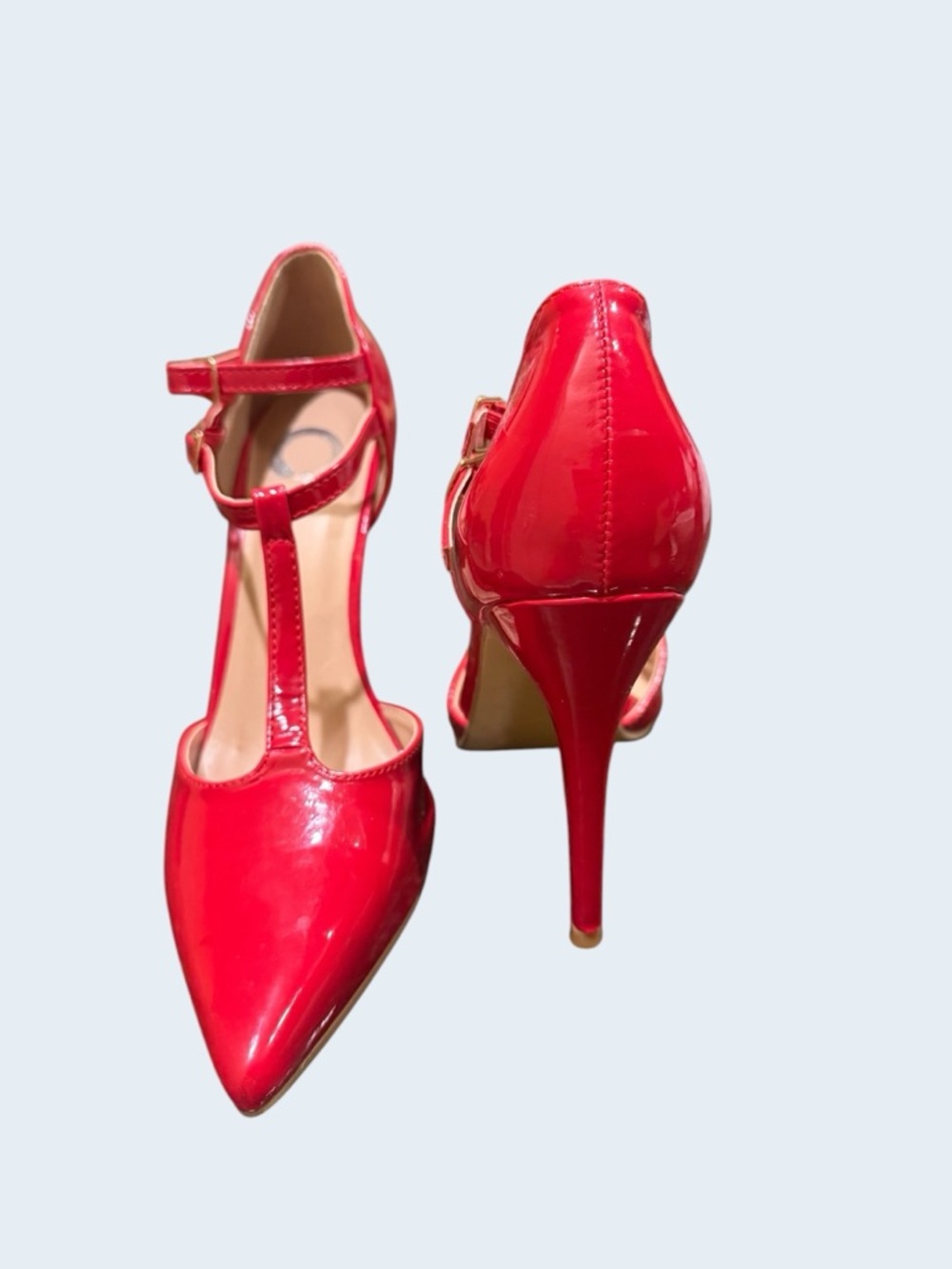 Patent Red T-Strap Pointed Stiletto Heels for Women